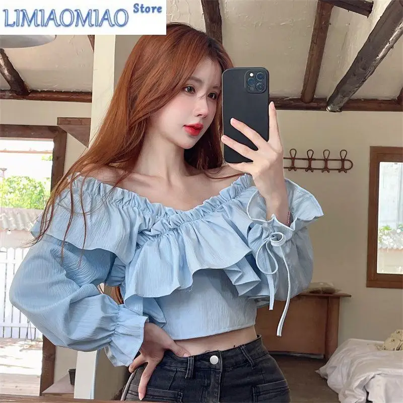 Новая уличная одежда, блузка, женские топы, рубашки, укороченные топы с рюшами и длинными рукавами, тонкие блузки, белые, черные, синие, кофейные, новые 
Новая уличная одежда, блузка, женские топы, рубашки, укороченные топы с рюшами и длинными рукавами, тонкие блузки, белые, черные, синие, кофейные, новые