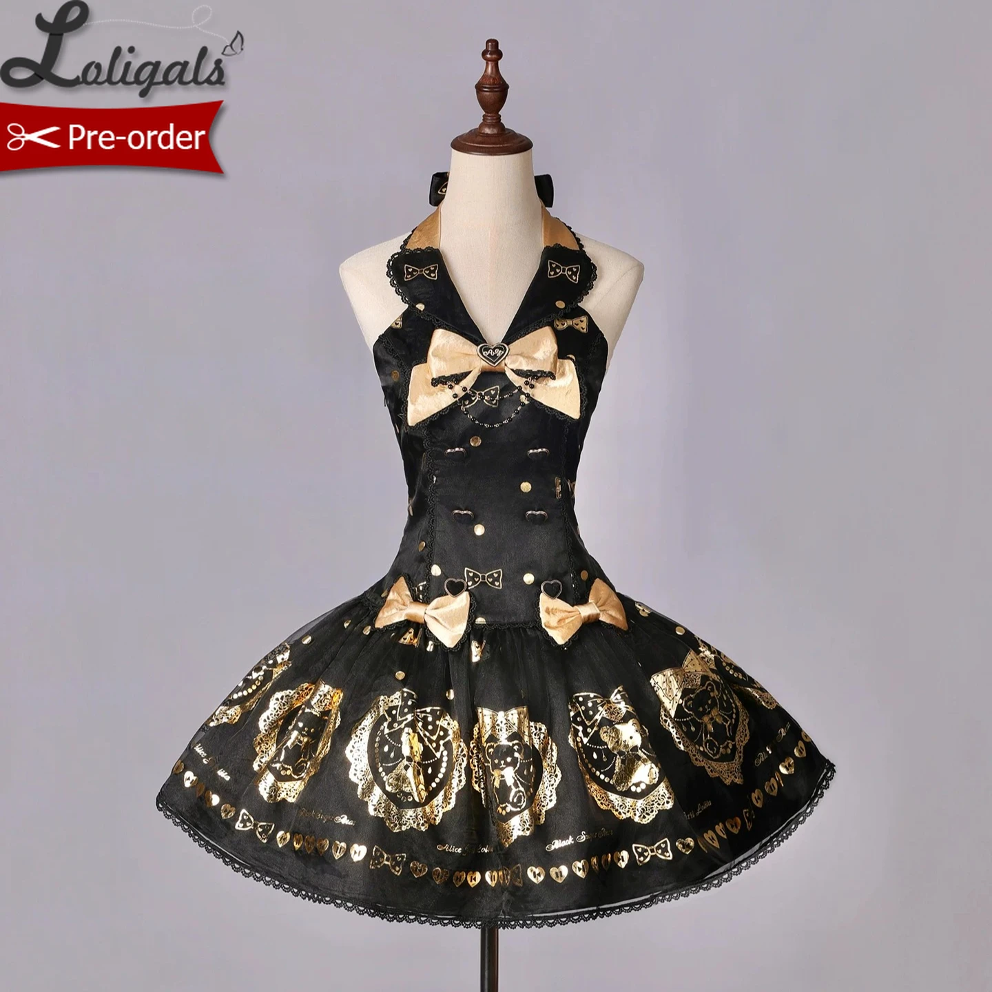Pre-order Sweet Lolita JSK Dress Halter Neck Black Gold Printed Short Dress ~ Brown Sugar Bear by Alice Girl
Pre-order Sweet Lolita JSK Dress Halter Neck Black Gold Printed Short Dress ~ Brown Sugar Bear by Alice Girl