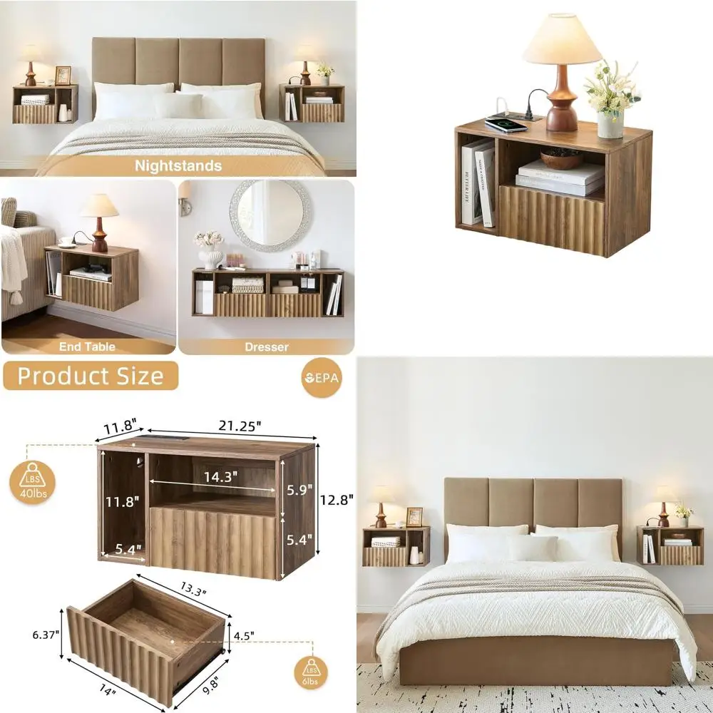 Rustic Brown Fluted Floating Nightstand with Charging Station, Drawers, USB Ports, and Outlets for Bedroom (Left)
Rustic Brown Fluted Floating Nightstand with Charging Station, Drawers, USB Ports, and Outlets for Bedroom (Left)