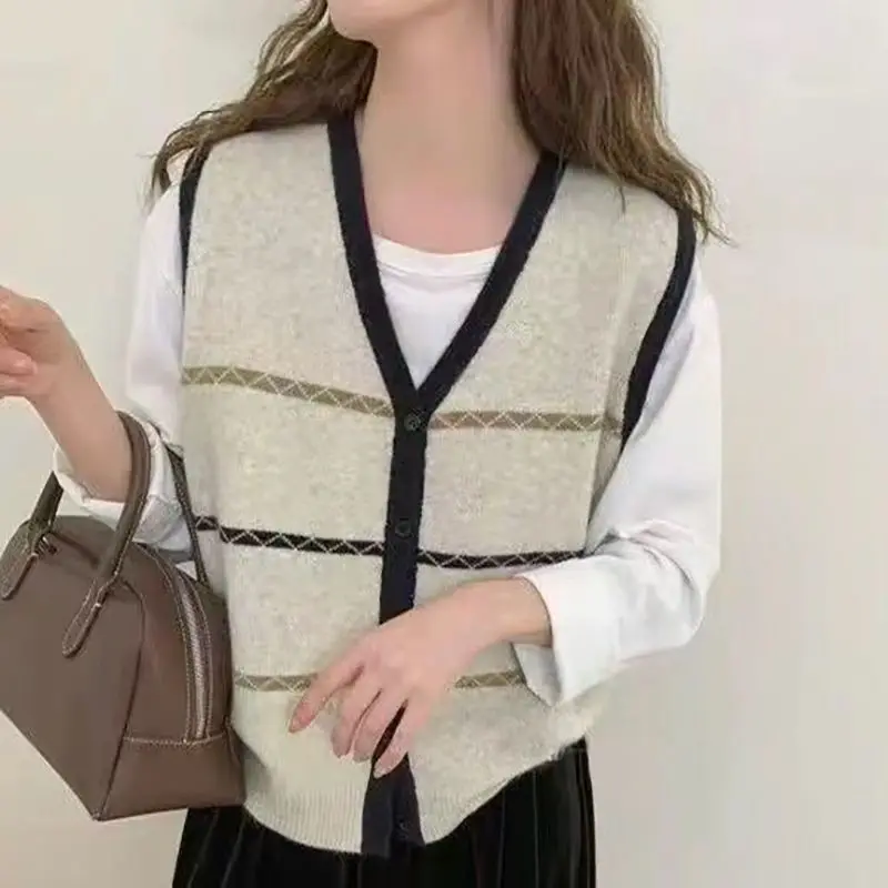 Korean V-neck Single-breasted Contrasted Striped Knitted Vest Cardigan Women's Sleeveless Vest Layered Sweater Vest
Korean V-neck Single-breasted Contrasted Striped Knitted Vest Cardigan Women's Sleeveless Vest Layered Sweater Vest