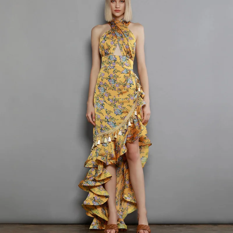 Printed neck halter floral hem irregular ruffle edge long dress fashionable simple temperament elegant versatile high-end holida
Printed neck halter floral hem irregular ruffle edge long dress fashionable simple temperament elegant versatile high-end holida