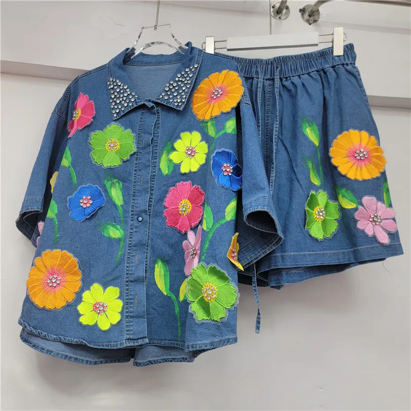 Women 3D Flowers Appliques Hand Drawn Diamonds Beaded Denim Shirts Floral Jeans Blouse Cowboy Tops+Elastic Waist Shorts 2Pcs Set
Women 3D Flowers Appliques Hand Drawn Diamonds Beaded Denim Shirts Floral Jeans Blouse Cowboy Tops+Elastic Waist Shorts 2Pcs Set
