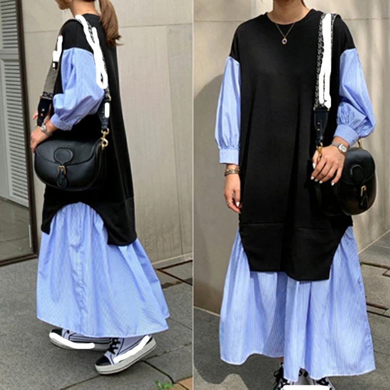 2023 Autumn Winter Long Sleeve Women' Dresses Loose Oversized O-Neck Knitted Patchwork Striped Shirt Dress Fake Two Piece
2023 Autumn Winter Long Sleeve Women' Dresses Loose Oversized O-Neck Knitted Patchwork Striped Shirt Dress Fake Two Piece