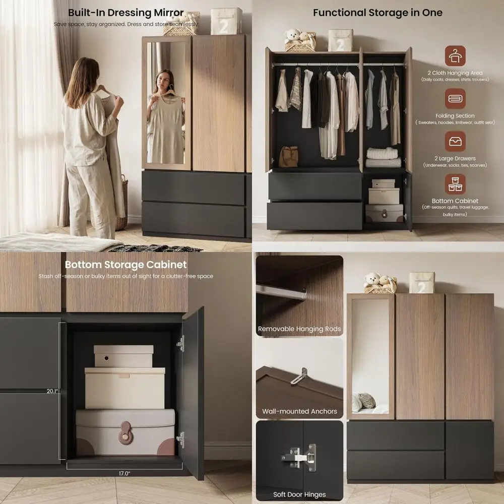 71 Tall Wooden Freestanding Armoire Closet with Mirror, 2 Hanging Rods, Drawers, and Large Storage for Bedroom or Rental
71 Tall Wooden Freestanding Armoire Closet with Mirror, 2 Hanging Rods, Drawers, and Large Storage for Bedroom or Rental