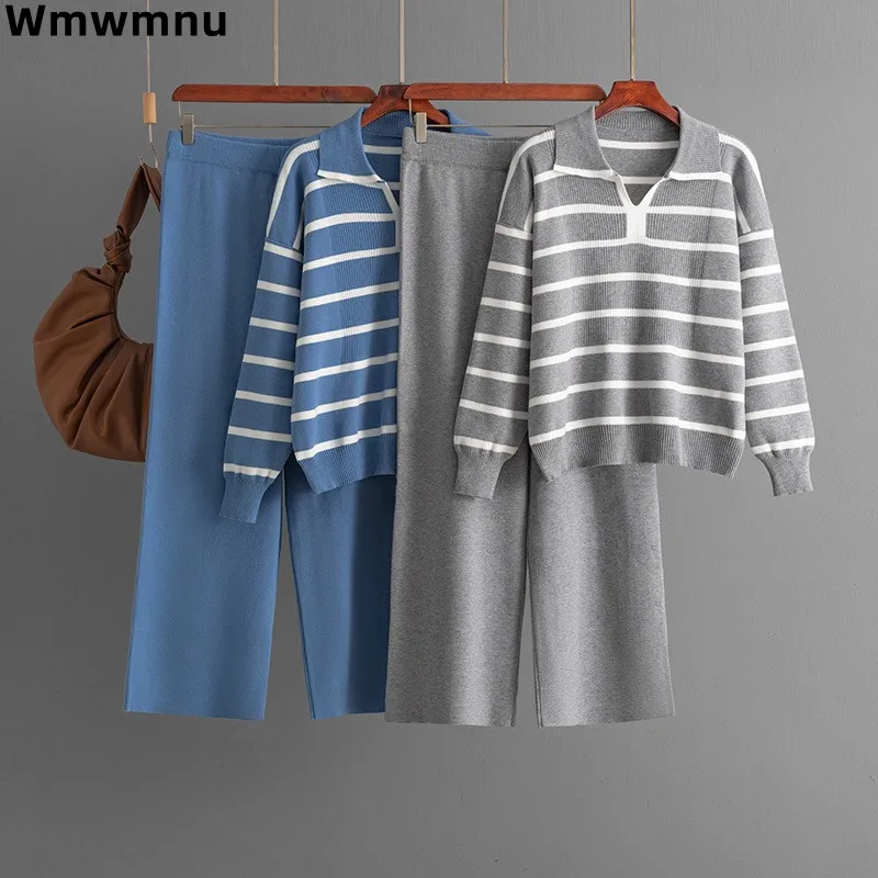 Warm Striped Casual Women Knitted Conjunto Elegant Patchwork Polo-neck Sweater 2 Piece Sets High Wasit Wide Leg Baggy Pants Suit
Warm Striped Casual Women Knitted Conjunto Elegant Patchwork Polo-neck Sweater 2 Piece Sets High Wasit Wide Leg Baggy Pants Suit