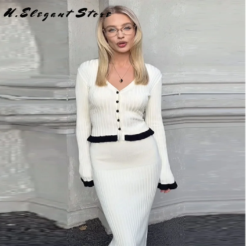 Women's Elegant Knitted Sets 2 Pieces V Neck Full Sleeve Slim Fit Cardigan Hip Package Long Skirt 2025 New Lady Autumn Outfits
Women's Elegant Knitted Sets 2 Pieces V Neck Full Sleeve Slim Fit Cardigan Hip Package Long Skirt 2025 New Lady Autumn Outfits