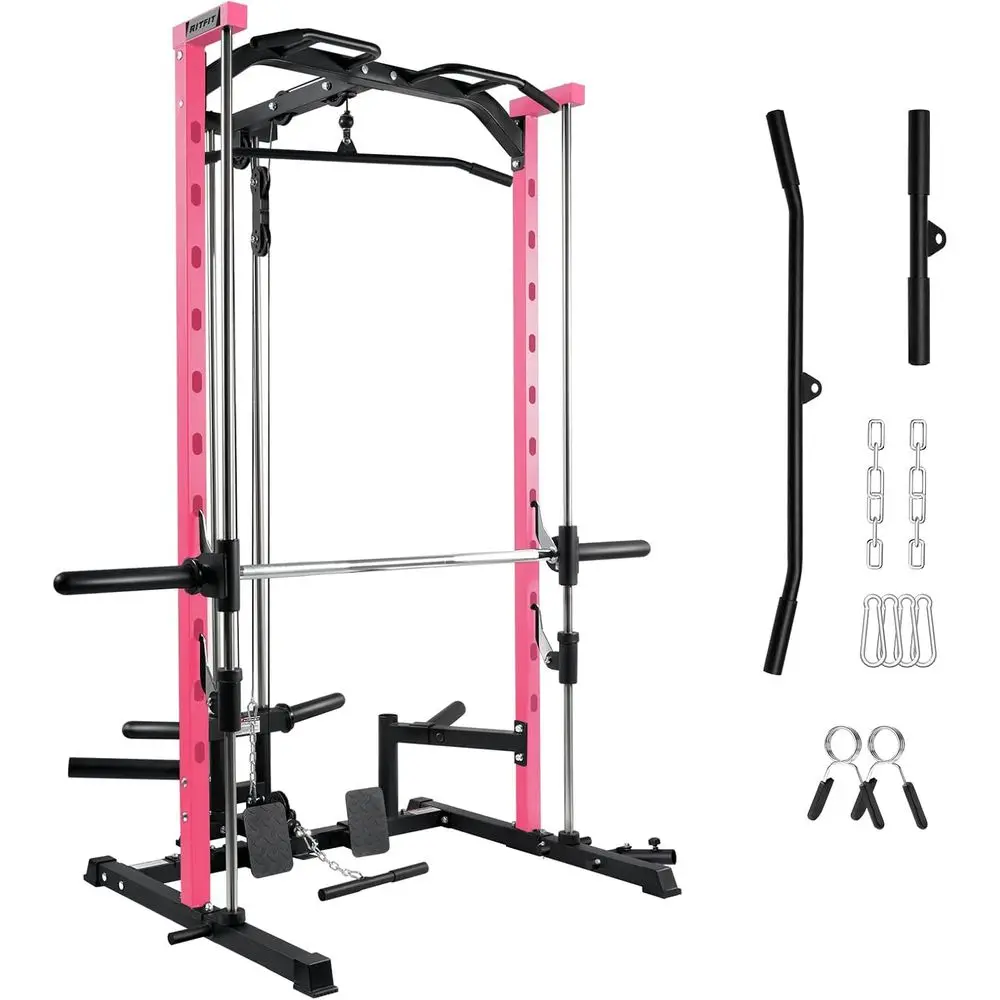Adjustable Power Rack with Lat Pull, Landmine, Barbell, and Plate Storage Accessories
Adjustable Power Rack with Lat Pull, Landmine, Barbell, and Plate Storage Accessories