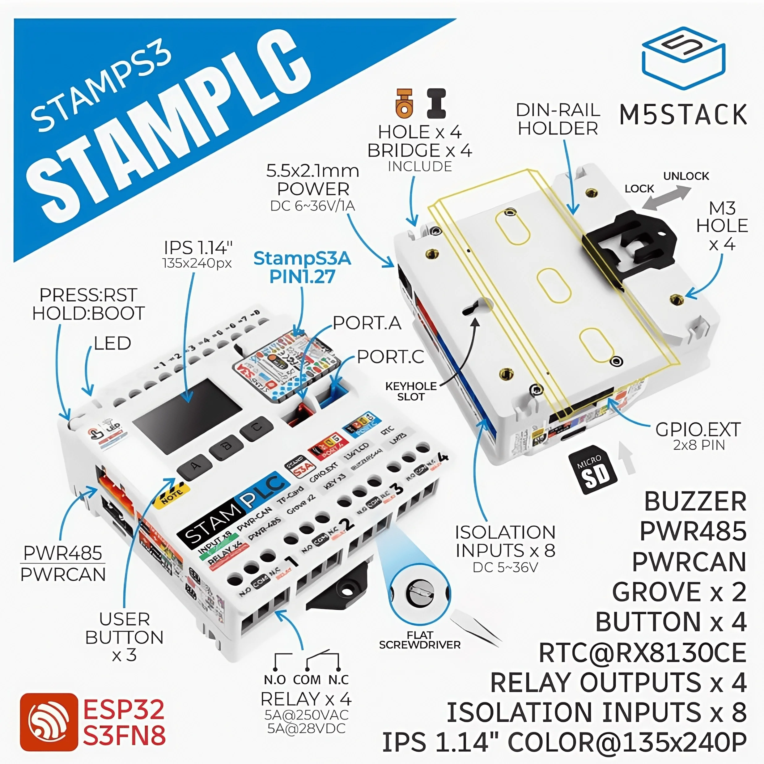 M5Stack StamPLC IoT Programmable Logic Controller ESP32S3 Cloud Data Monitoring