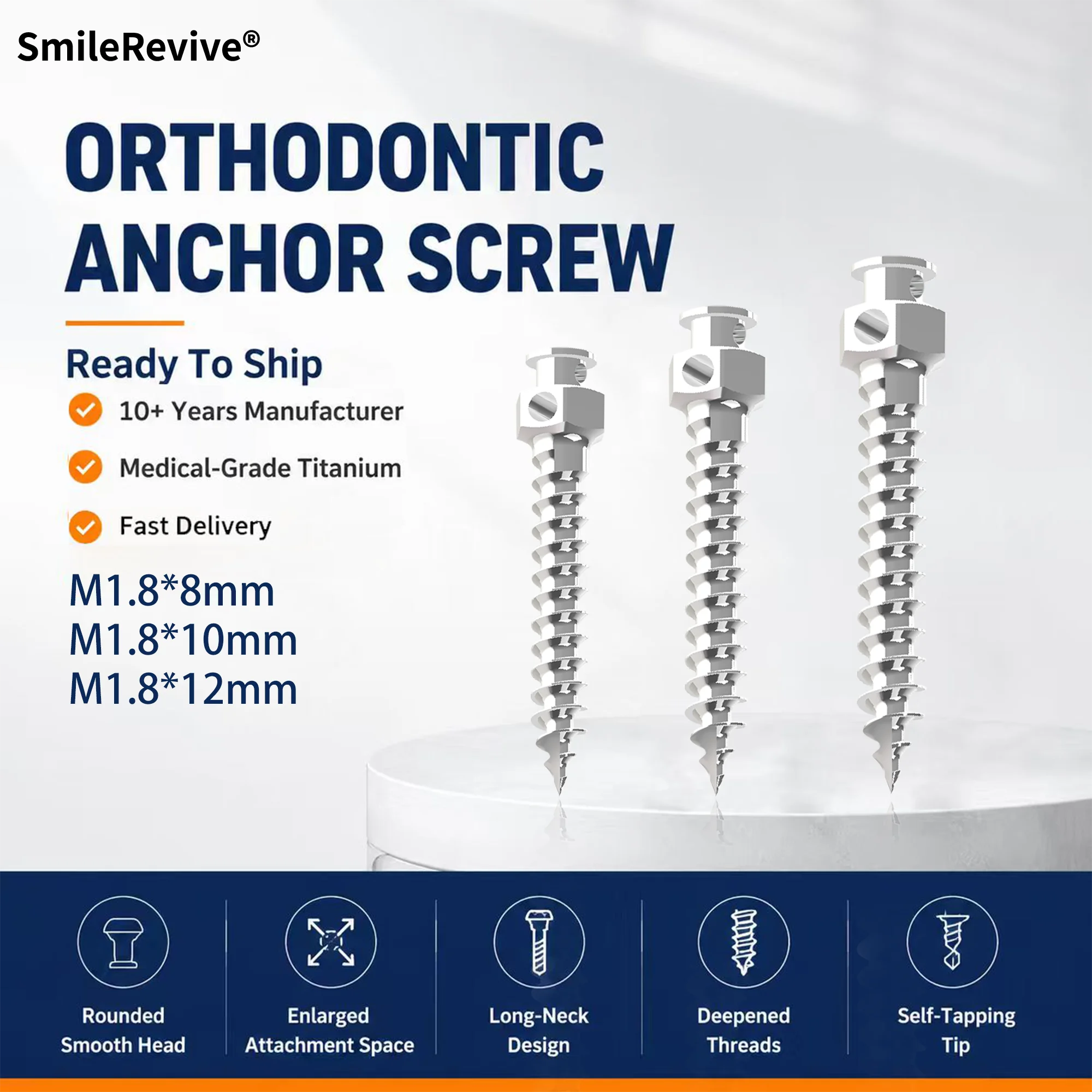 SmileRevive Self-Tapping Orthodontic Mini Screw TAD Titanium Micro Implant Anchor for Oral Surgery 1.8*8/10/12mm
SmileRevive Self-Tapping Orthodontic Mini Screw TAD Titanium Micro Implant Anchor for Oral Surgery 1.8*8/10/12mm