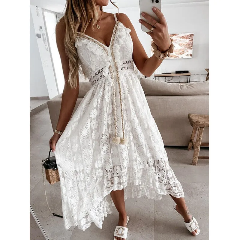 2023 Summer Vacation Lace Dress V-neck Suspender Skirt, Irregular Front Short Rear Long Solid Color Dress
2023 Summer Vacation Lace Dress V-neck Suspender Skirt, Irregular Front Short Rear Long Solid Color Dress