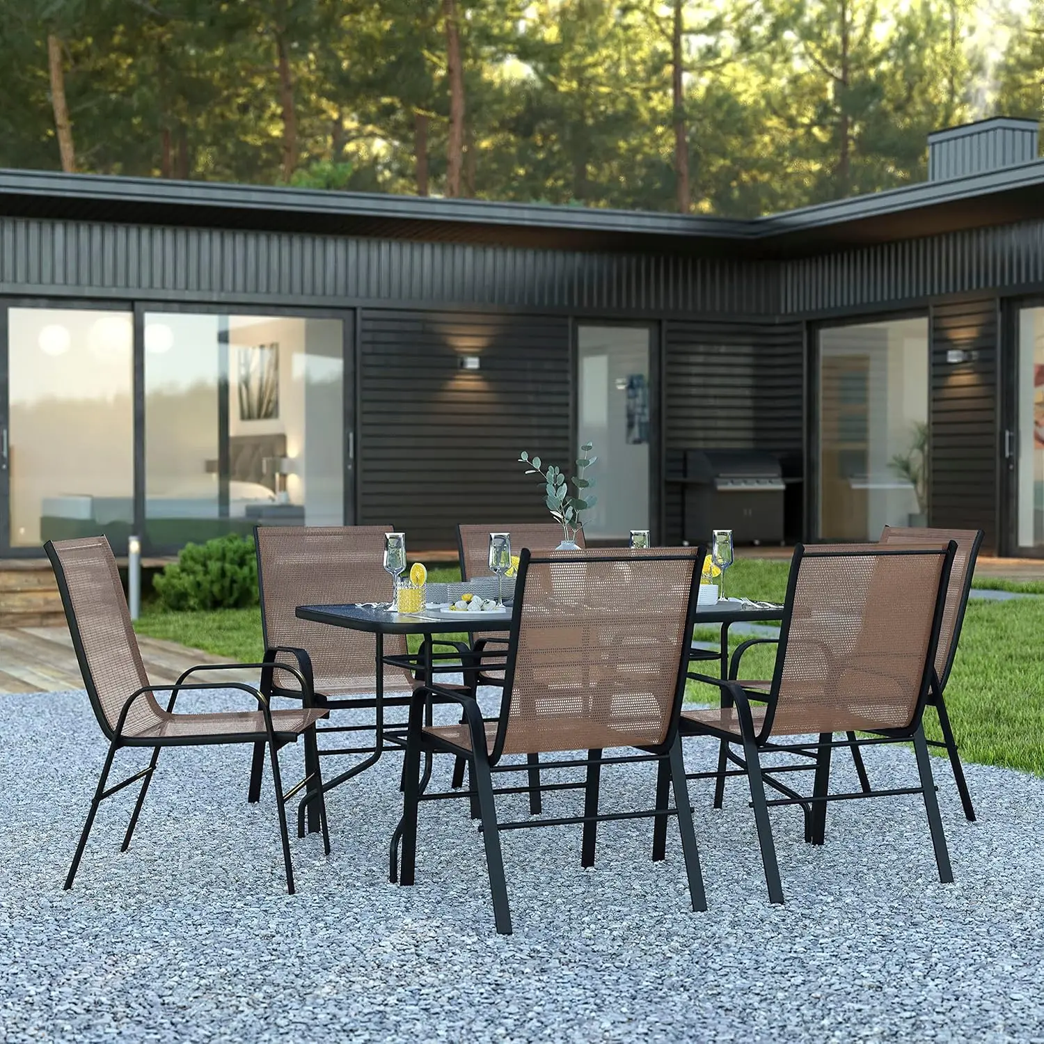 7pc Metal Dining Set w/ Tempered Glass Table & 6 Brown Flex Comfort Chairs Outdoor Patio All Weather Umbrella Hole Customized
7pc Metal Dining Set w/ Tempered Glass Table & 6 Brown Flex Comfort Chairs Outdoor Patio All Weather Umbrella Hole Customized