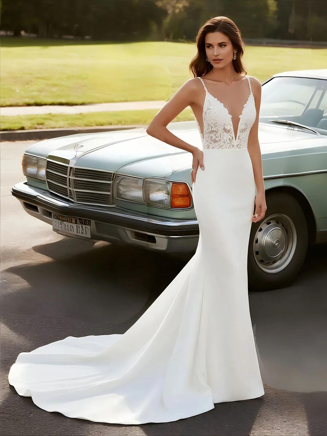 Romance V Neck Satin Mermaid Bridal Gown Sweet Sweep Train Sleeveless Appliques Beach Boho Wedding Dresses 2025 Free Customized
Romance V Neck Satin Mermaid Bridal Gown Sweet Sweep Train Sleeveless Appliques Beach Boho Wedding Dresses 2025 Free Customized
