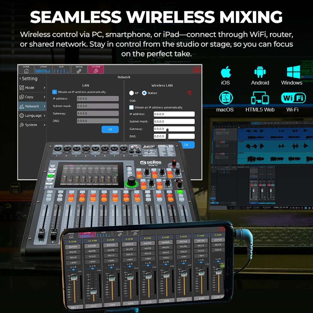 12-Channel Digital Audio Mixer DGNOG DAM-12 DJ Console with 6 Auxiliary Outputs Bluetooth USB, 4-band EQ Suitable for DJ Studios
12-Channel Digital Audio Mixer DGNOG DAM-12 DJ Console with 6 Auxiliary Outputs Bluetooth USB, 4-band EQ Suitable for DJ Studios