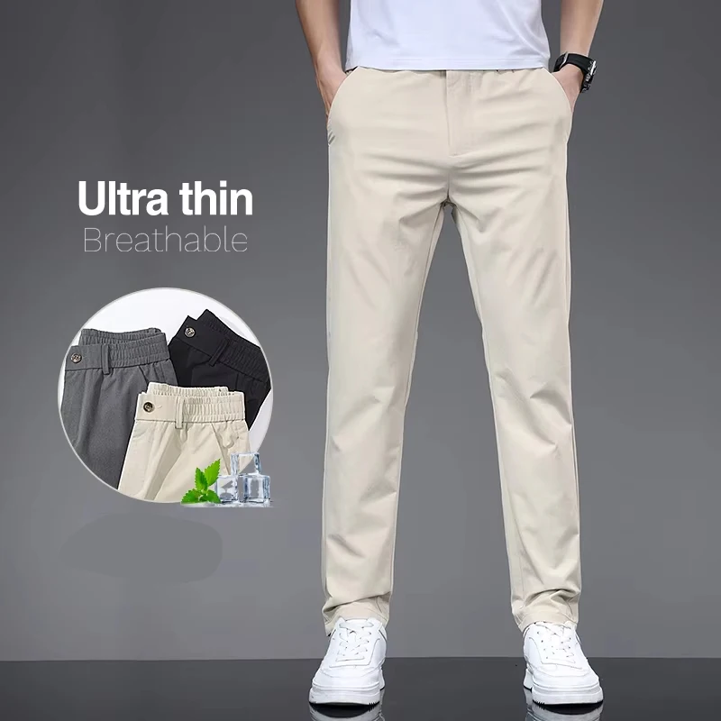 Spring Summer Thin Men's Slim Casual Pants Solid Color Elastic Waist Soft Breathable Business Straight Trousers Black Beige Gray
Spring Summer Thin Men's Slim Casual Pants Solid Color Elastic Waist Soft Breathable Business Straight Trousers Black Beige Gray