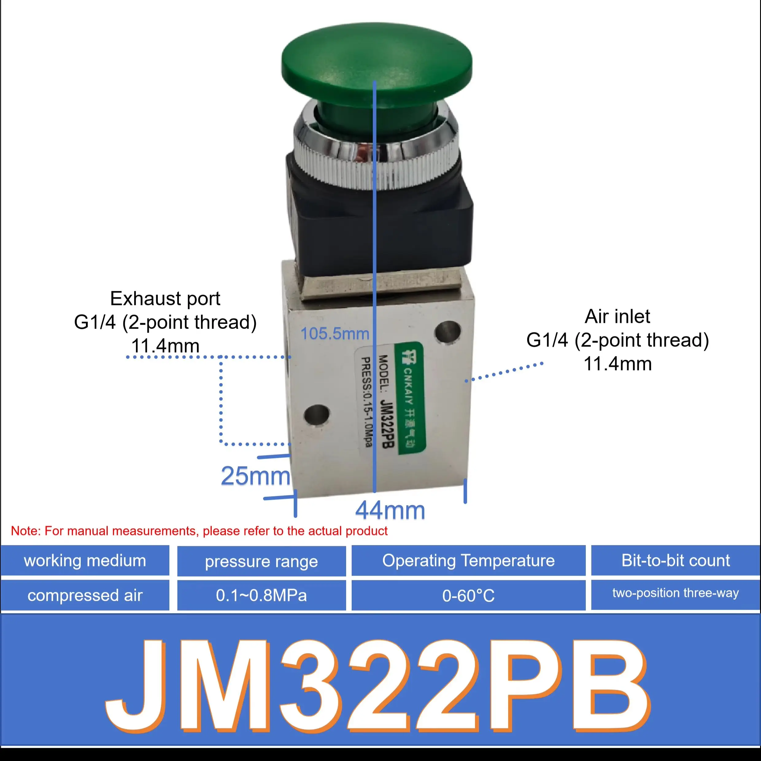1/4" PT Pneumatic Switch Green Mushroom Button 3/2 Way Mechanical Valve JM322PB JM-06A for Industrial Use
1/4" PT Pneumatic Switch Green Mushroom Button 3/2 Way Mechanical Valve JM322PB JM-06A for Industrial Use