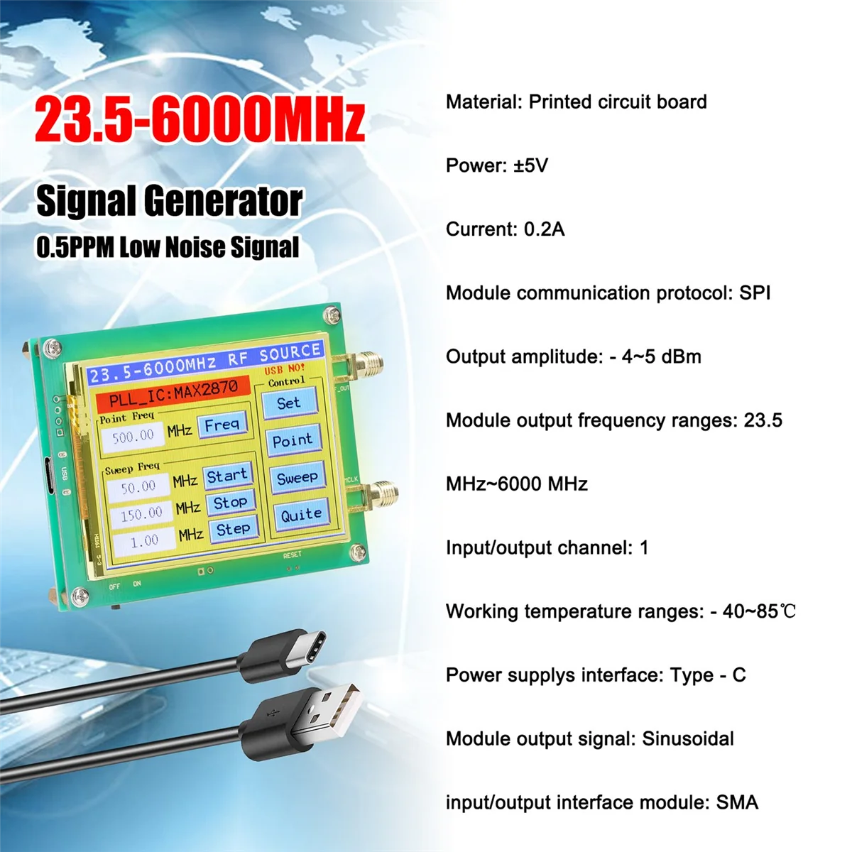 Генератор сигналов MAX2870 23,5-6000 МГц, ppm, с низким уровнем шума, с сенсорным экраном, для ПК, программного обеспечения, PLL VCO
Генератор сигналов MAX2870 23,5-6000 МГц, ppm, с низким уровнем шума, с сенсорным экраном, для ПК, программного обеспечения, PLL VCO