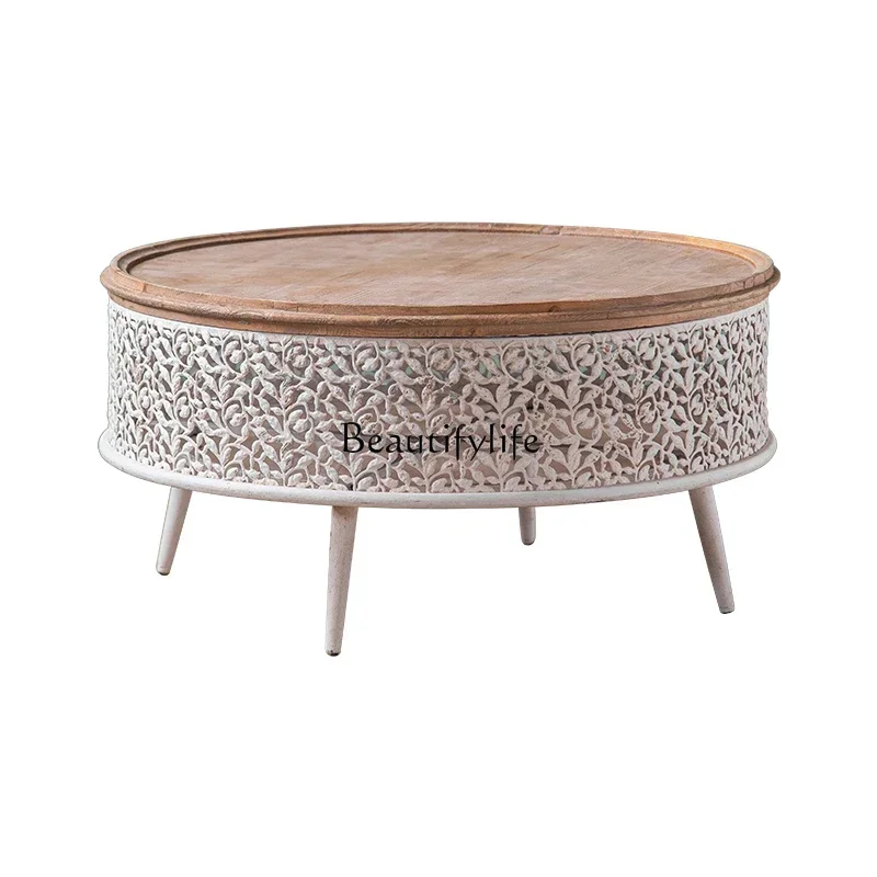 yj58 Retro solid wood coffee table wrought iron small apartment living room home carving hollow round table creative side table
yj58 Retro solid wood coffee table wrought iron small apartment living room home carving hollow round table creative side table