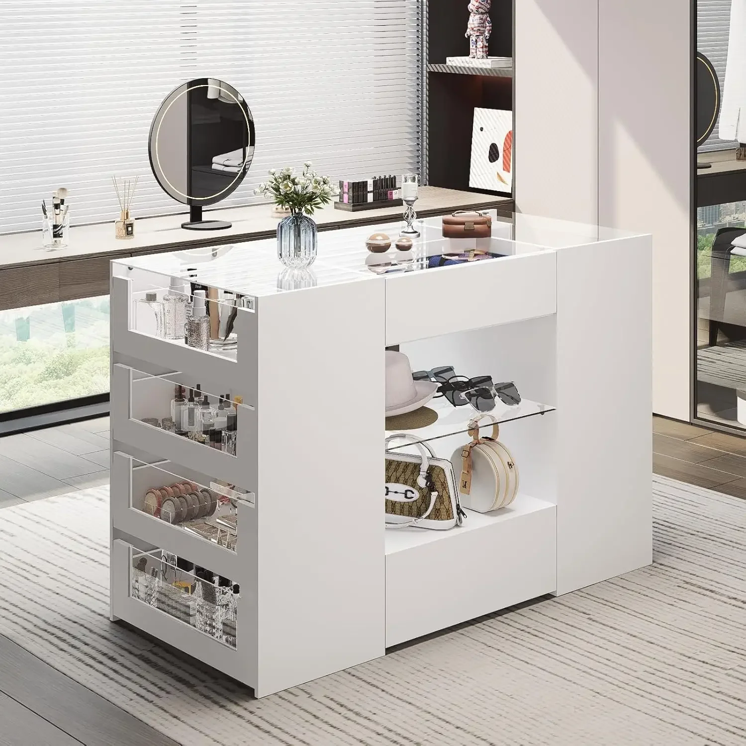 Wardrobe Armoire Bedroom Island, Glass Display White Dresser with Glass Top, Walk-in Closet Island for Bedroom
Wardrobe Armoire Bedroom Island, Glass Display White Dresser with Glass Top, Walk-in Closet Island for Bedroom
