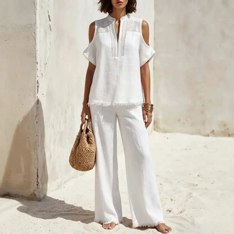 Simple Casual Linen Cold Shoulder 2-Piece Set Zipper Hollow Out Top Wide Leg Pants Women Vintage Summer Fringe loose Outfit 2026
Simple Casual Linen Cold Shoulder 2-Piece Set Zipper Hollow Out Top Wide Leg Pants Women Vintage Summer Fringe loose Outfit 2026