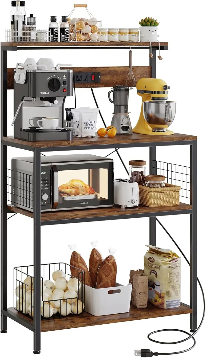 Kitchen Bakers Rack with Power Outlet, Coffee Bar Table 4 Tiers, Adjustable Storage Shelf for Microwave Oven, Rustic Brown 32
Kitchen Bakers Rack with Power Outlet, Coffee Bar Table 4 Tiers, Adjustable Storage Shelf for Microwave Oven, Rustic Brown 32