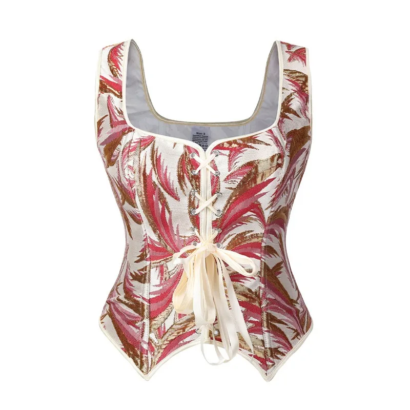 Square Neck Pink Palm Jacquard Corset Women Sleeveless Front Tie Pointed Hem Retro Party Bustier
Square Neck Pink Palm Jacquard Corset Women Sleeveless Front Tie Pointed Hem Retro Party Bustier