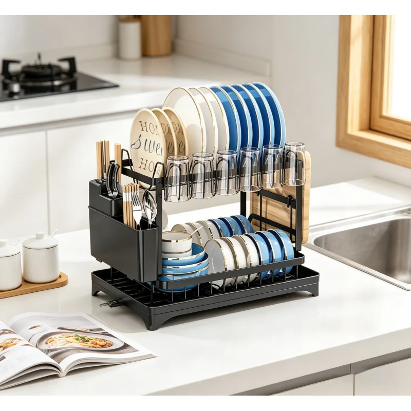 2-Tier Kitchen Countertop Dish Drying Rack – Metal Dish Drainer with Drip Tray, Large Capacity Multifunctional Plate Organizer