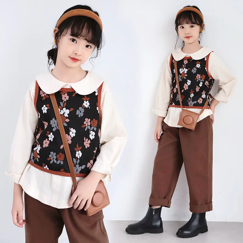 2024 Korean Spring Autumn Junior Girl 3-Piece Sets School Girl Doll Collar Tops+Flower Printed Vest+Straight Pants Set For Girls
2024 Korean Spring Autumn Junior Girl 3-Piece Sets School Girl Doll Collar Tops+Flower Printed Vest+Straight Pants Set For Girls