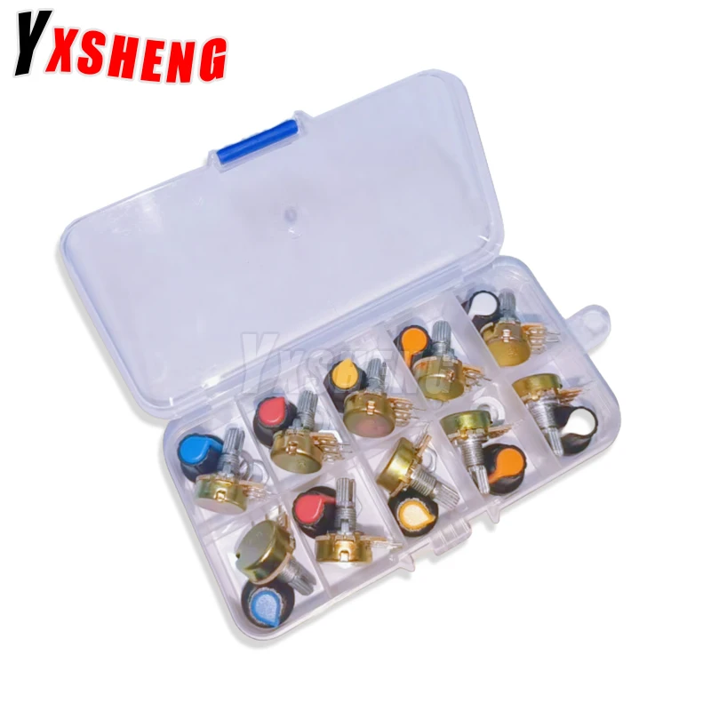 WH148 Potentiometer Kit B1K 2K 5K 10K 20K 50K 100K 500K 1M 15mm Linear Taper Rotary Potentiometer Resistor Set 3pin With Cap
WH148 Potentiometer Kit B1K 2K 5K 10K 20K 50K 100K 500K 1M 15mm Linear Taper Rotary Potentiometer Resistor Set 3pin With Cap