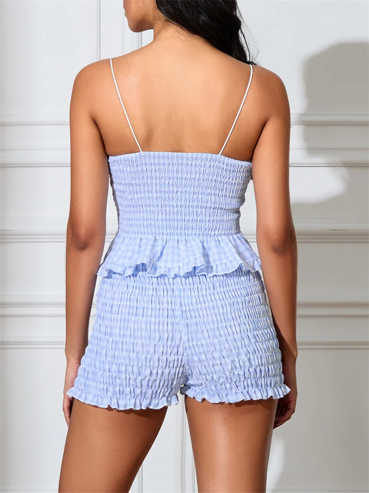 Women Summer Plaid Print 2 Pieces Sets Sleeveless Strap V Neck Buttons Up Camis Tops Ruched Shorts Clothing Sets 2025
Women Summer Plaid Print 2 Pieces Sets Sleeveless Strap V Neck Buttons Up Camis Tops Ruched Shorts Clothing Sets 2025