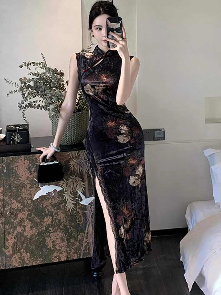 2026 Black Velvet Floral Patchwork Lace Slit Long Dress Women Sleeveless Stand Collar Cheongsam Dress Spring Summer Elegant Robe
2026 Black Velvet Floral Patchwork Lace Slit Long Dress Women Sleeveless Stand Collar Cheongsam Dress Spring Summer Elegant Robe