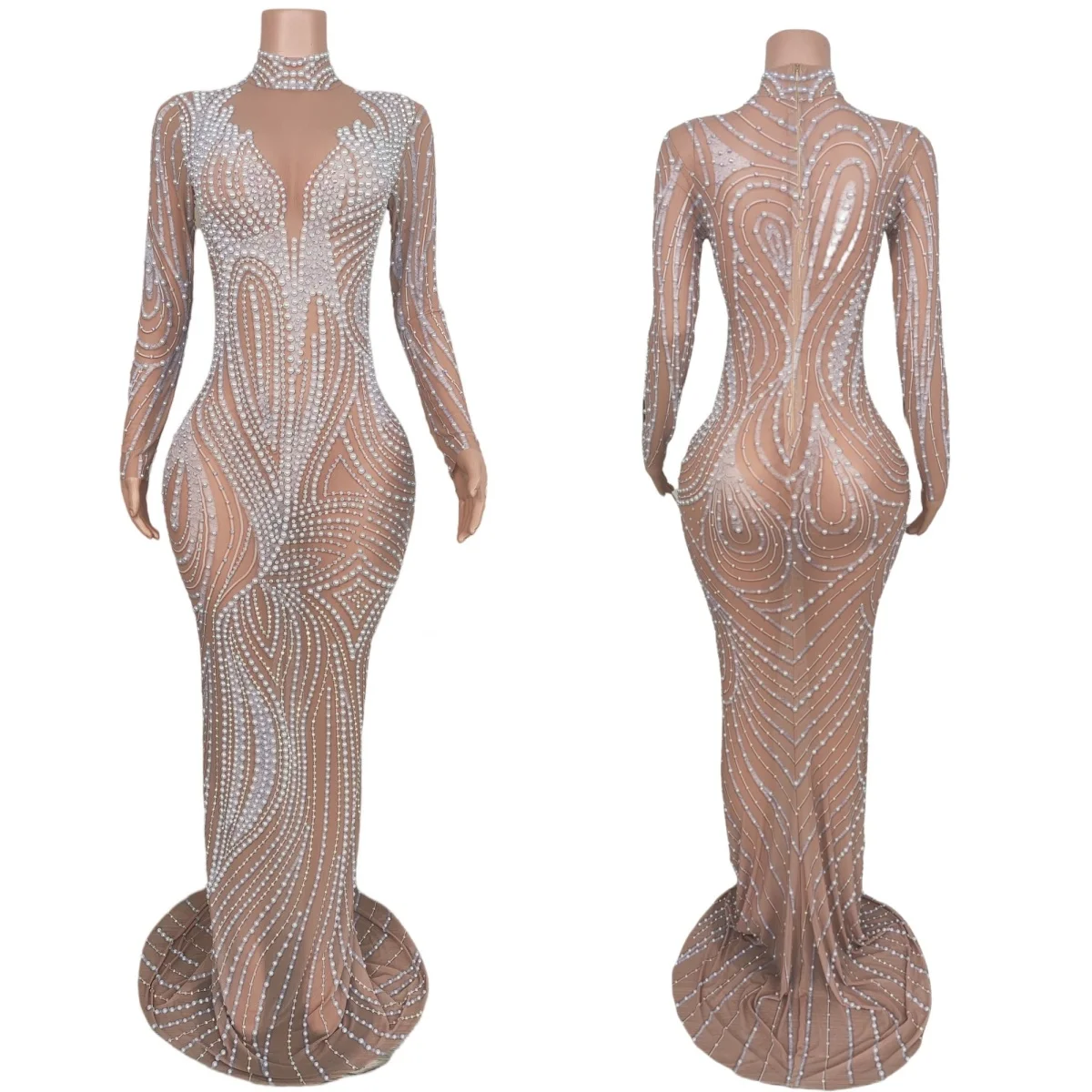 Sexy Women High-quality See Through Mesh Pearls Evening Dress Elegant Long Dress Birthday Party Tight Long Sleeved Dress Paomo
Sexy Women High-quality See Through Mesh Pearls Evening Dress Elegant Long Dress Birthday Party Tight Long Sleeved Dress Paomo