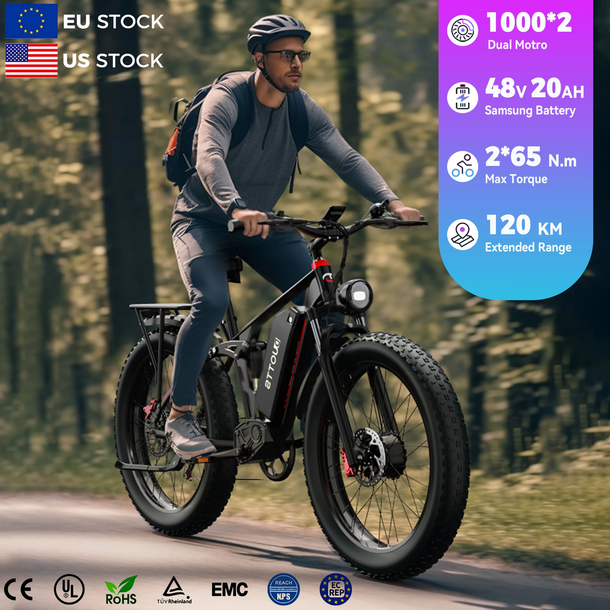 US EU Stock Duotts S26 1000*2 Dual Motor Electric Bike with 48V 20AH Lithium Battery Snow Mountain 26inch Fat Tire for Adults
US EU Stock Duotts S26 1000*2 Dual Motor Electric Bike with 48V 20AH Lithium Battery Snow Mountain 26inch Fat Tire for Adults