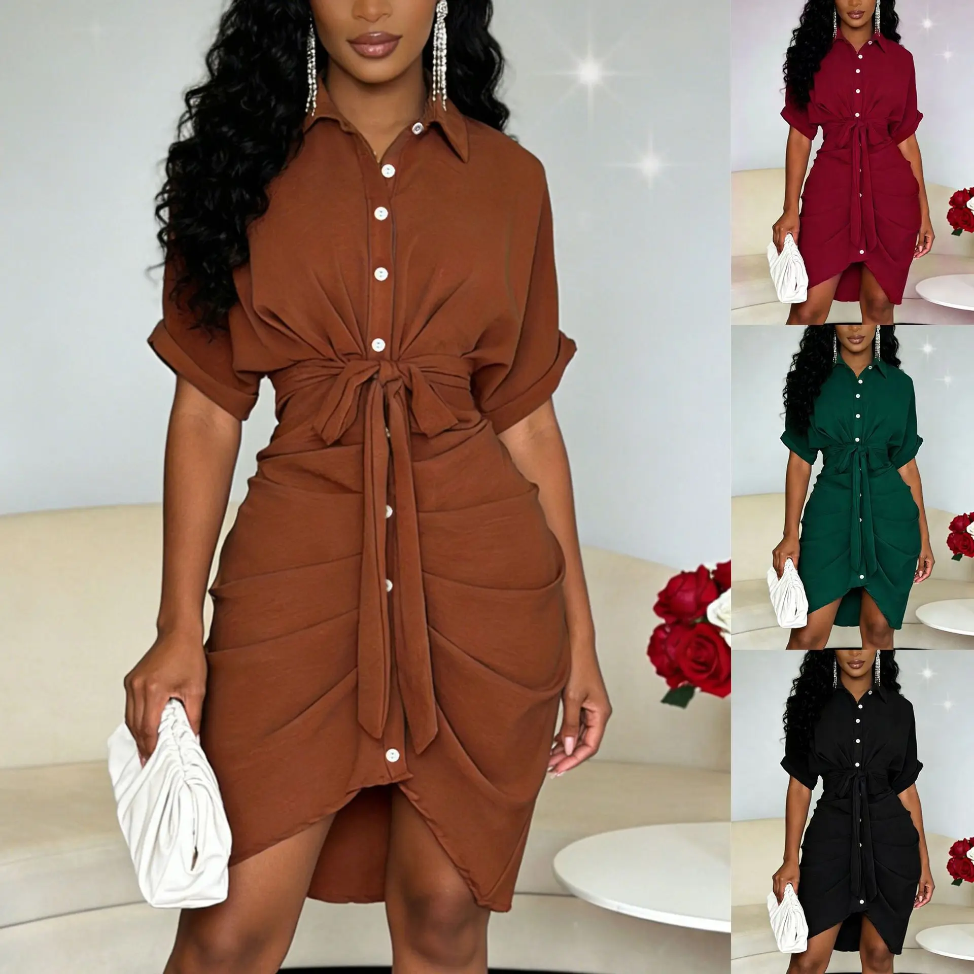 Short-sleeve waist-cinching slimming asymmetrical pleated dress shirt dress
Short-sleeve waist-cinching slimming asymmetrical pleated dress shirt dress