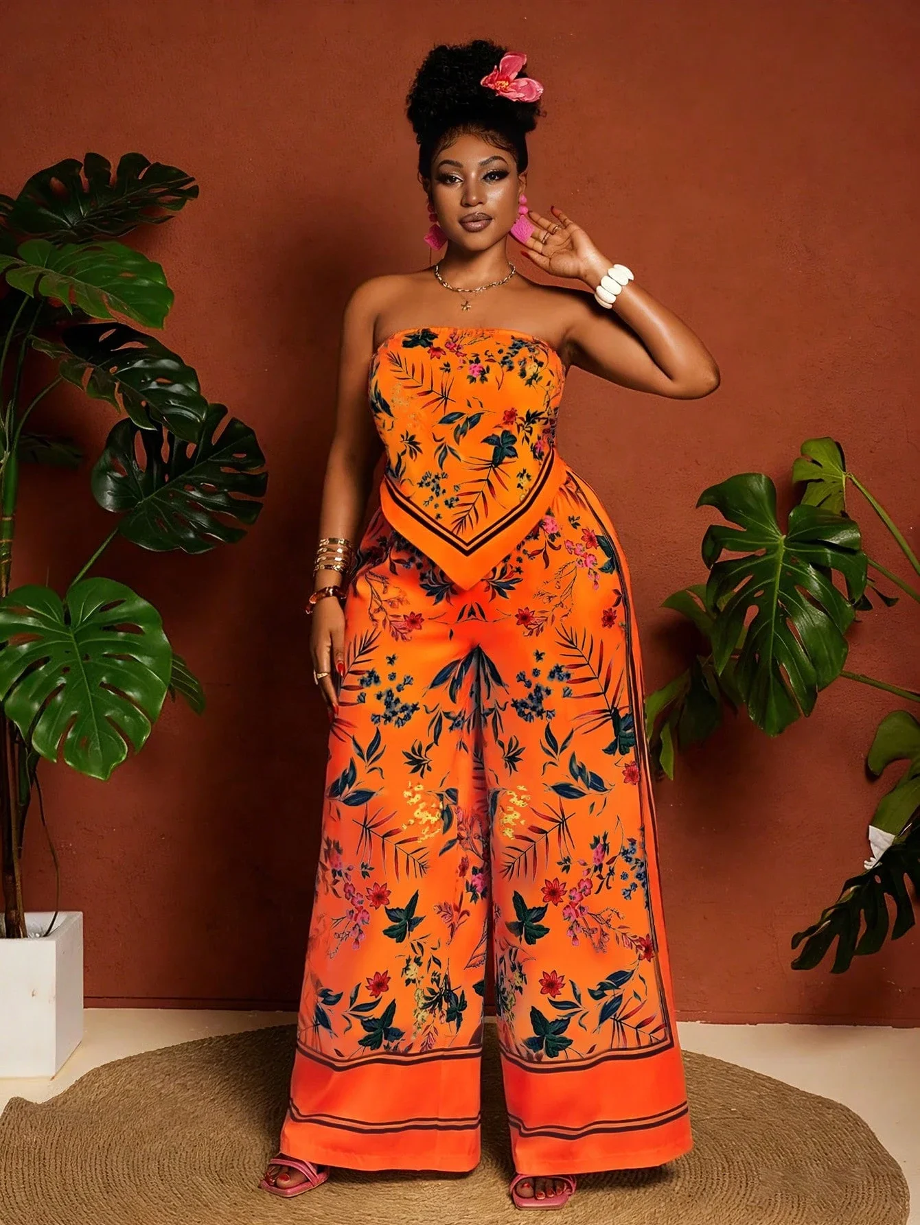 Womens Orange Floral Bandeau Wide-Leg Two-Piece Set Summer Vacation Outfit
Womens Orange Floral Bandeau Wide-Leg Two-Piece Set Summer Vacation Outfit