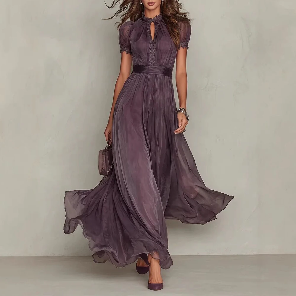 Women's Elegant Chiffon Evening Maxi Dress Temperament Lace Trim Round Neck Short Sleeve Slim Fit Flowing Hem For Summer Dresses
Women's Elegant Chiffon Evening Maxi Dress Temperament Lace Trim Round Neck Short Sleeve Slim Fit Flowing Hem For Summer Dresses