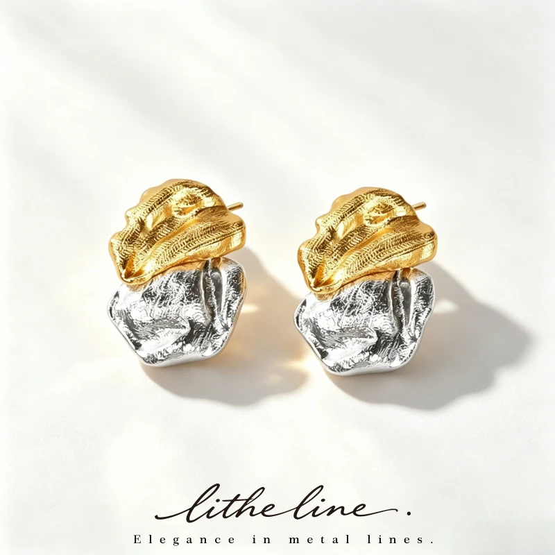 Litheline 24K Gold Plated Brass Two-Tone Irregular Earrings, Hand-Textured Crinkled Designer Piece Artisanal Luxury Jewelry
Litheline 24K Gold Plated Brass Two-Tone Irregular Earrings, Hand-Textured Crinkled Designer Piece Artisanal Luxury Jewelry
