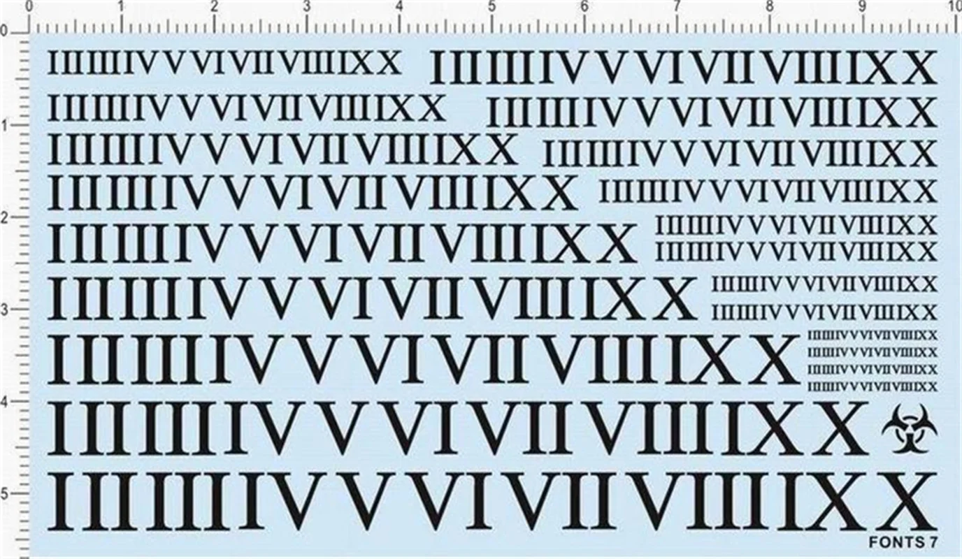 Roman Numerals Fonts-7 Water Slide Decal for different scale Model Kits Black/White/Red/Yellow/Blue
Roman Numerals Fonts-7 Water Slide Decal for different scale Model Kits Black/White/Red/Yellow/Blue