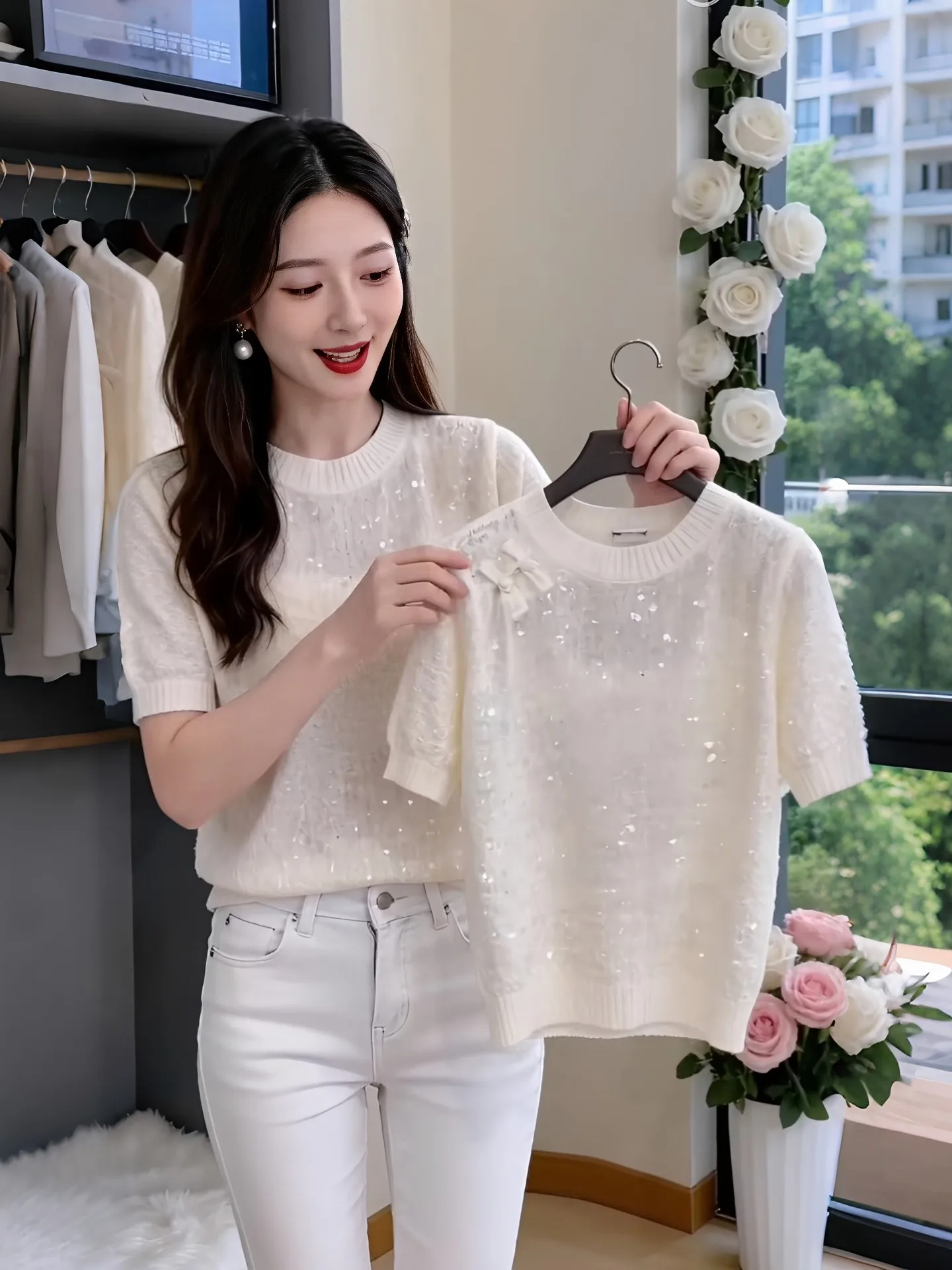 Chic Casual Bright Sequin Short Sleeve T-Shirt Knitted round Neck Top for Women Commute Style Korean Version Breathable
Chic Casual Bright Sequin Short Sleeve T-Shirt Knitted round Neck Top for Women Commute Style Korean Version Breathable