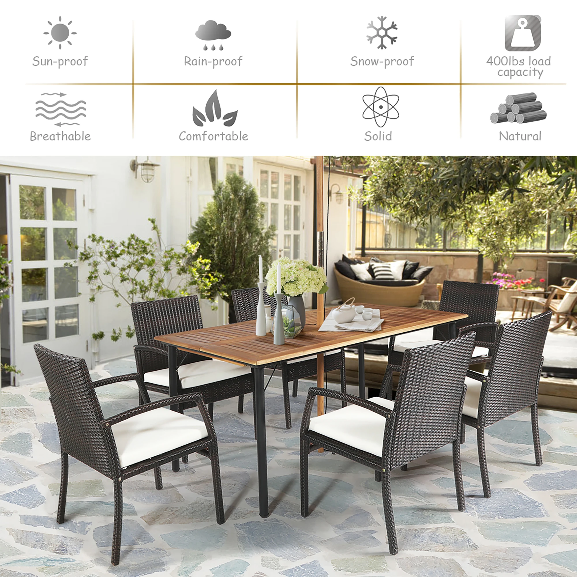 7PCS Patio Rattan Dining Set Chair Wooden Table Top W/Umbrella Hole 7PCS Patio Rattan Dining Set Chair Wooden Table Top W/Umbrella Hole