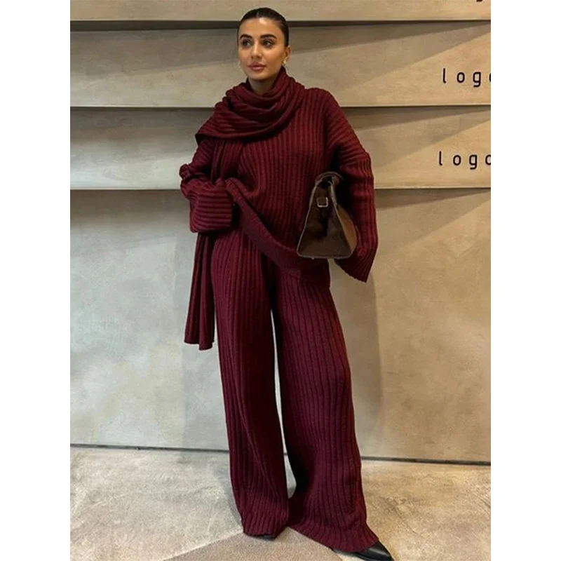 Oversize Knitted Women Sets V-neck Full Sleeve Scarf Pullover Long Trousers Knit Female Suit 2024 Autumn Casual Loose Lady Suits
Oversize Knitted Women Sets V-neck Full Sleeve Scarf Pullover Long Trousers Knit Female Suit 2024 Autumn Casual Loose Lady Suits