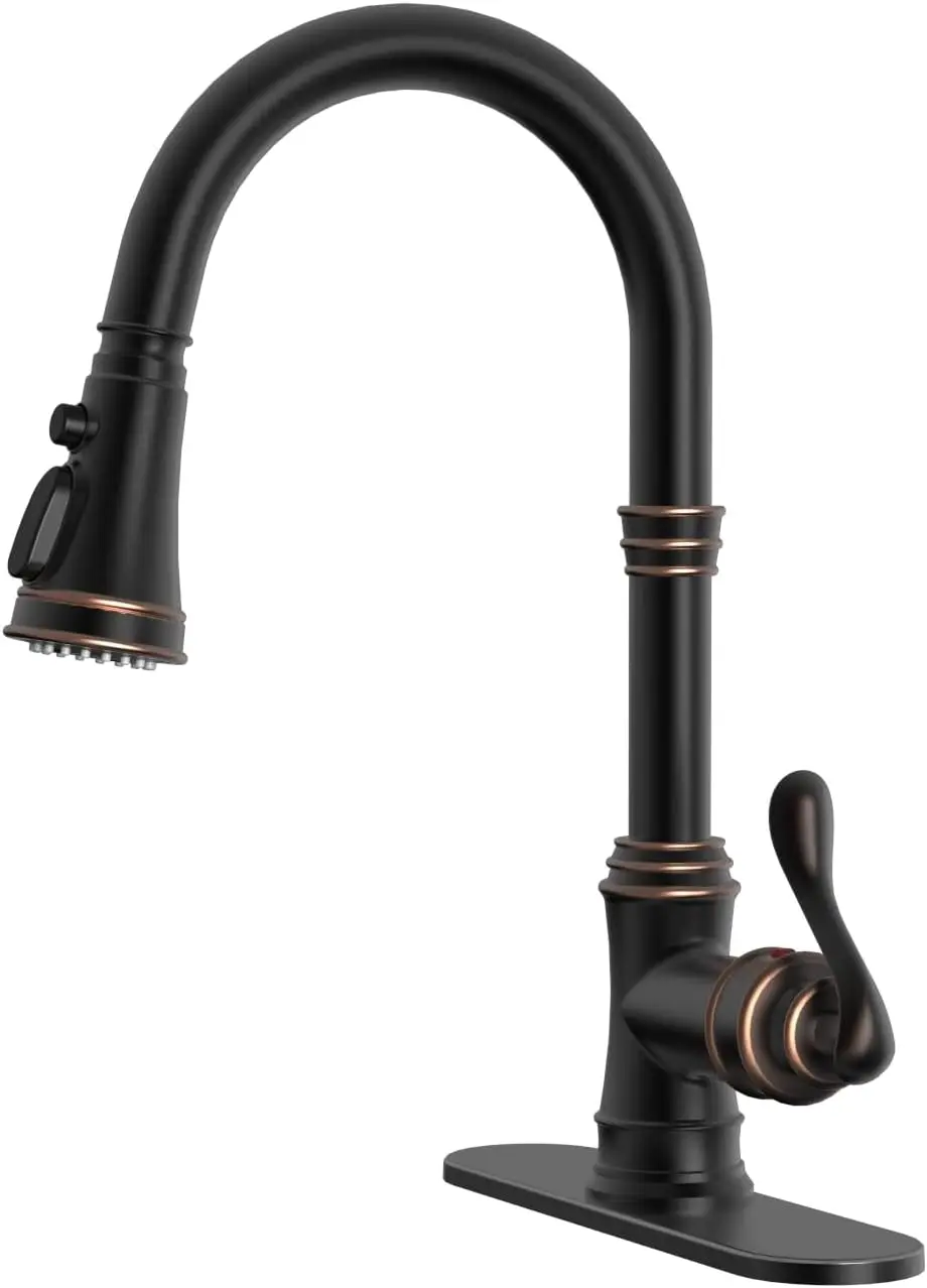 Solid Brass Kitchen Faucet with Pull Down Sprayer, Oil Rubbed Bronze, 3 Spray Modes, Single Handle High Arc, Deck Plate Included
Solid Brass Kitchen Faucet with Pull Down Sprayer, Oil Rubbed Bronze, 3 Spray Modes, Single Handle High Arc, Deck Plate Included