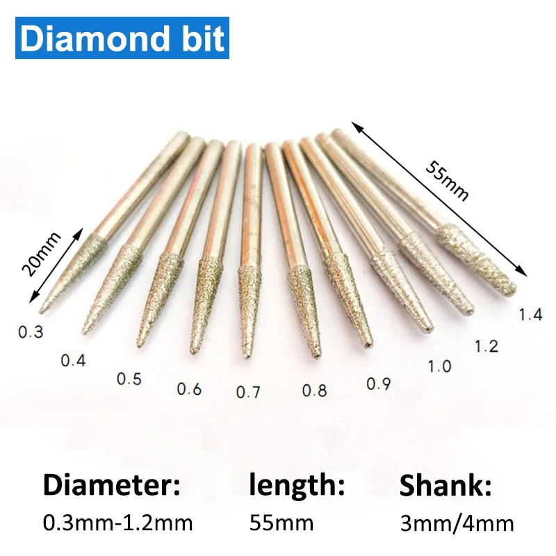 1pcs 0.3mm-1.2mm Diamond Cone Grinding Burrs Bits Engraving Carving Knife 3mm/4mm Shank For CNC Metal Jade Carving Files
1pcs 0.3mm-1.2mm Diamond Cone Grinding Burrs Bits Engraving Carving Knife 3mm/4mm Shank For CNC Metal Jade Carving Files