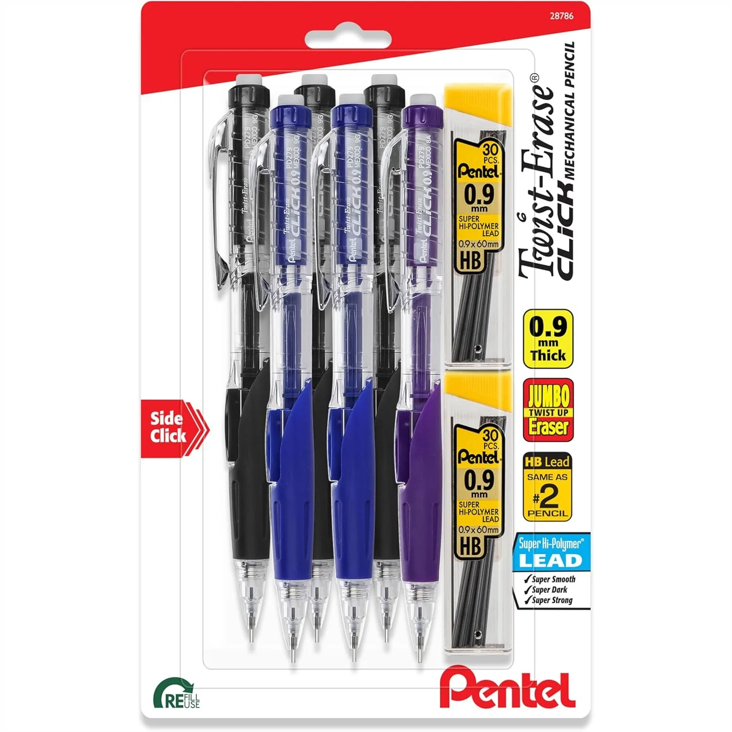 6 Twist-Erase Click Mechanical Pencils 0.9mm with 2 Lead Refills, Quick Side Button, Clear Barrel
6 Twist-Erase Click Mechanical Pencils 0.9mm with 2 Lead Refills, Quick Side Button, Clear Barrel
