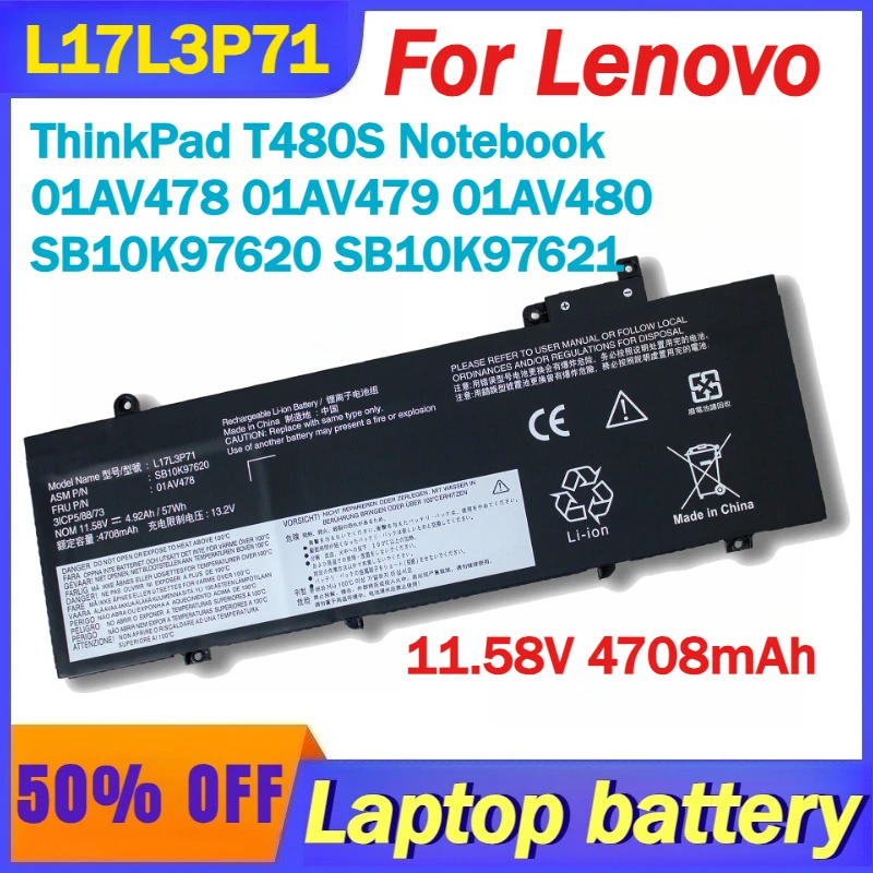 11,58 В 4708 мАч L17L3P71 L17M3P72 Аккумулятор для ноутбука Lenovo ThinkPad T480S 01AV478 01AV479 01AV480 SB10K97620 SB10K97621
11,58 В 4708 мАч L17L3P71 L17M3P72 Аккумулятор для ноутбука Lenovo ThinkPad T480S 01AV478 01AV479 01AV480 SB10K97620 SB10K97621