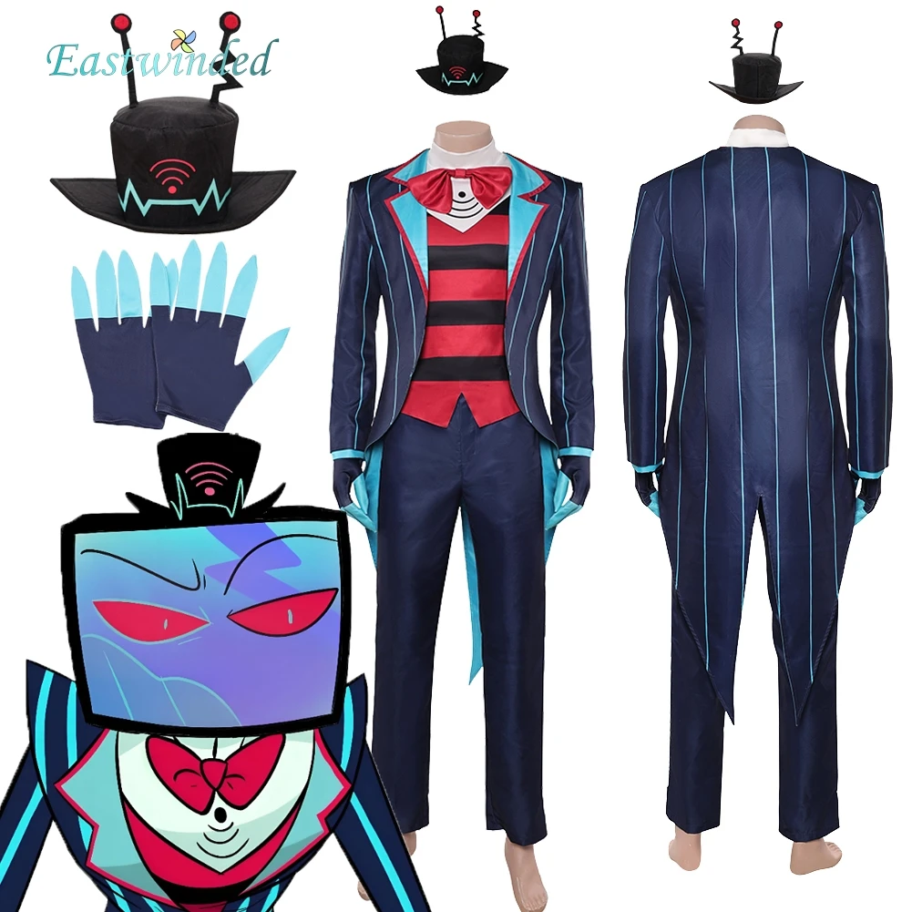 Hell Inn 2 VOX Hotel Cosplay Costume Blue Suit Red Black Striped Top Hat Clothes Set Halloween Outfits Carnival Uniform Men
Hell Inn 2 VOX Hotel Cosplay Costume Blue Suit Red Black Striped Top Hat Clothes Set Halloween Outfits Carnival Uniform Men