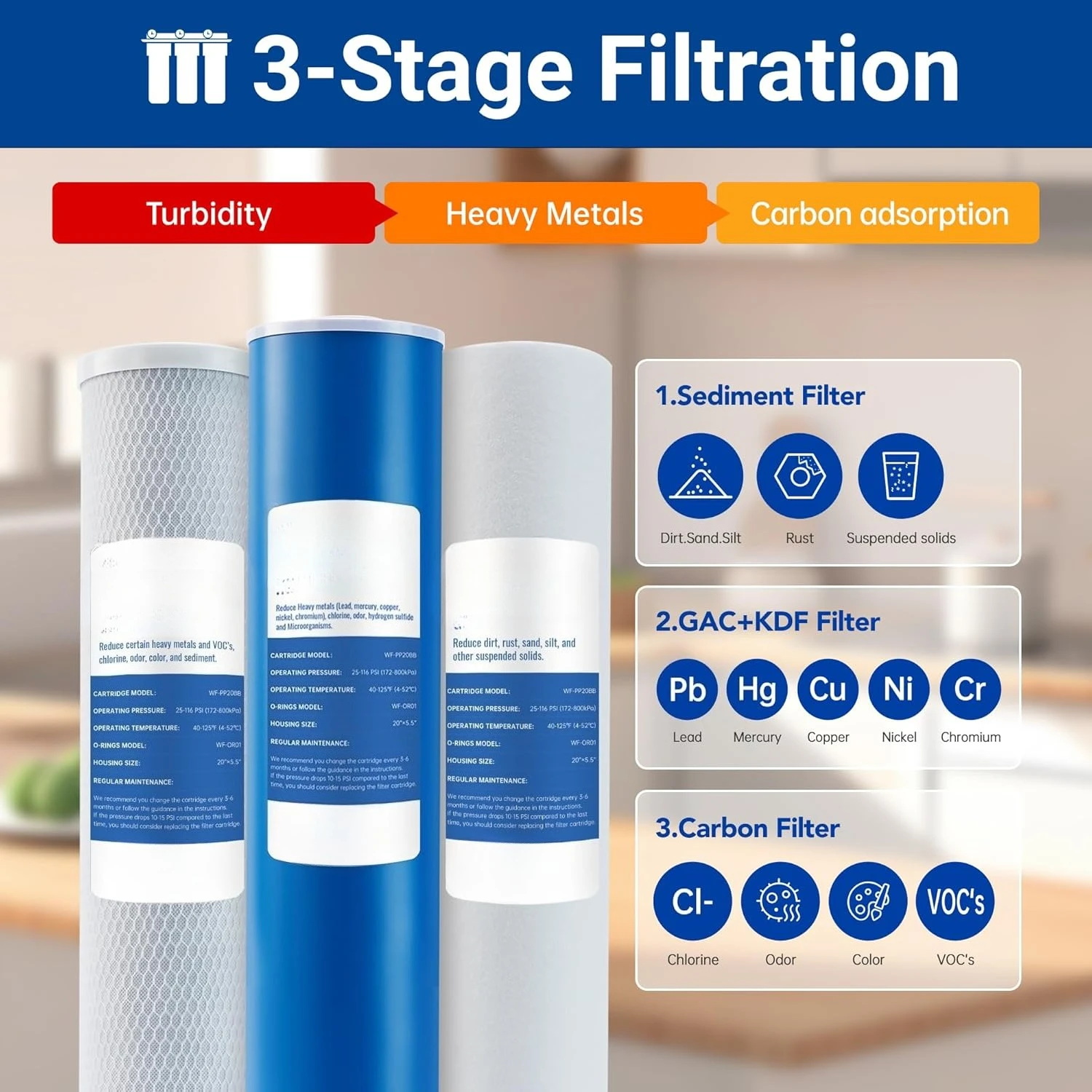 WF3-01 3-Stage Whole House Water Filtration System, Reduces Heavy Metals (Lead, Mercury, Copper, Nickel, Chromium)
WF3-01 3-Stage Whole House Water Filtration System, Reduces Heavy Metals (Lead, Mercury, Copper, Nickel, Chromium)