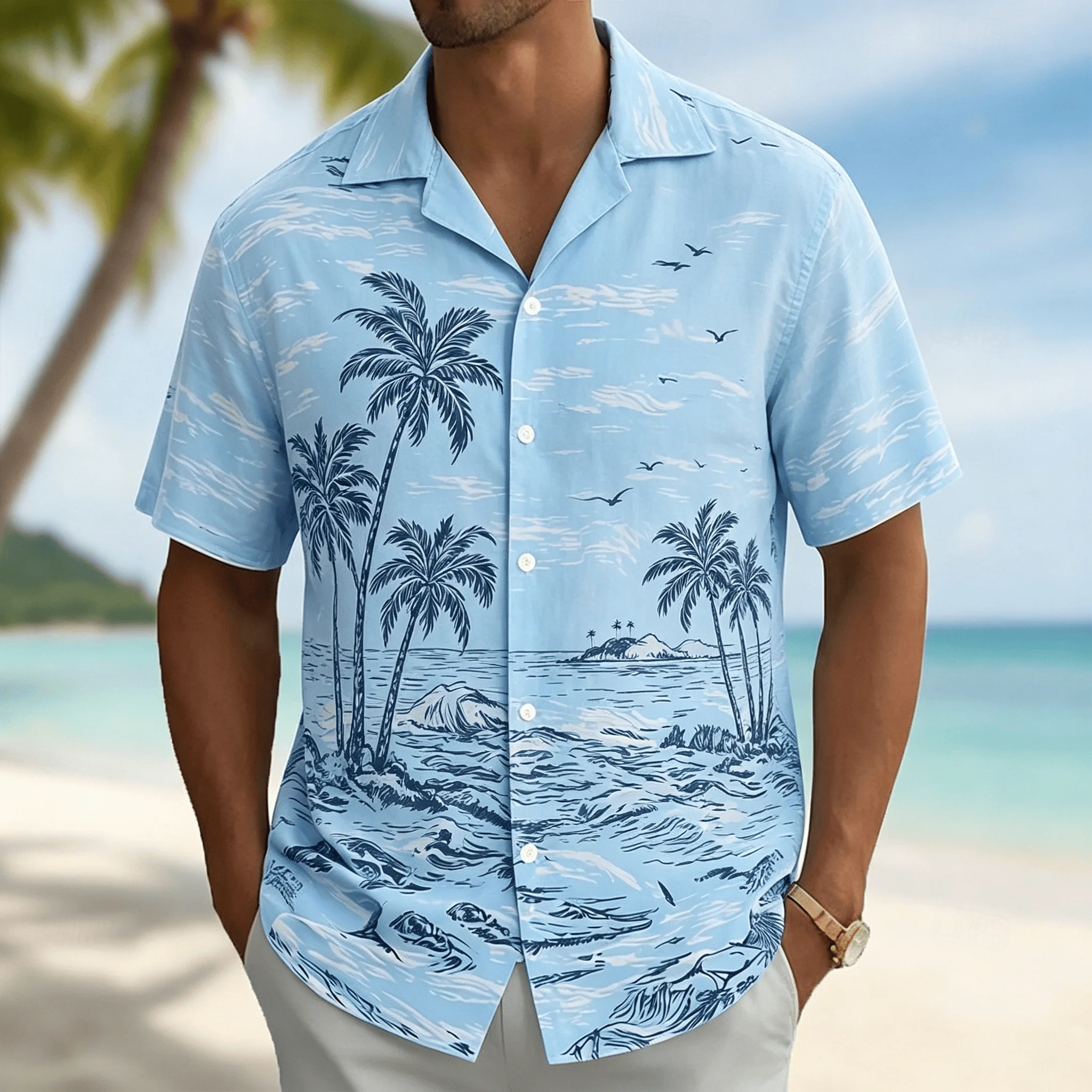Men's Light Blue Tropical Palm Tree Print Short Sleeve Shirt, Casual Hawaiian Button Down with Ocean Design for Spring & Summer
Men's Light Blue Tropical Palm Tree Print Short Sleeve Shirt, Casual Hawaiian Button Down with Ocean Design for Spring & Summer