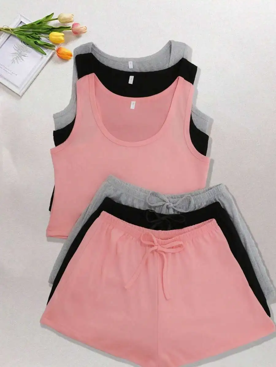 3pcs Women Sleeveless Shorts Pajama Set Solid Color Comfortable Loungewear Black Gray Pink
3pcs Women Sleeveless Shorts Pajama Set Solid Color Comfortable Loungewear Black Gray Pink