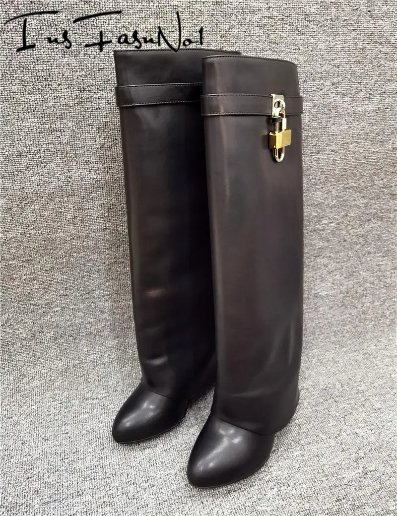 Shark Lock Leather Knee-high Boots Women Calfskin Slip On Black Designer Shoes New Fold-over Shafts High Wedge Heel Ladies Boots