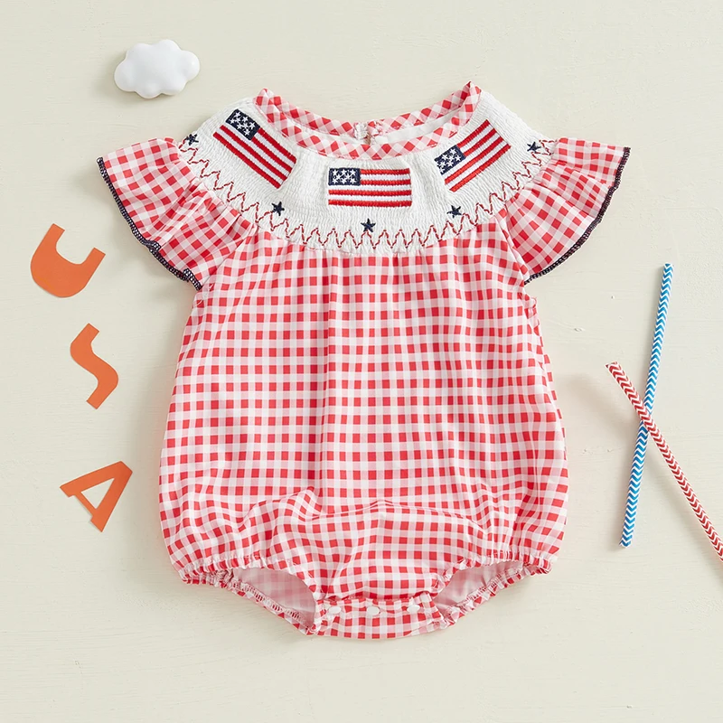 Cute Baby Girl Patriotic Romper Casual Plaid Print Flag Embroidery Summer Fly Sleeves Jumpsuit Bodysuits Clothes For 4th Of July
Cute Baby Girl Patriotic Romper Casual Plaid Print Flag Embroidery Summer Fly Sleeves Jumpsuit Bodysuits Clothes For 4th Of July